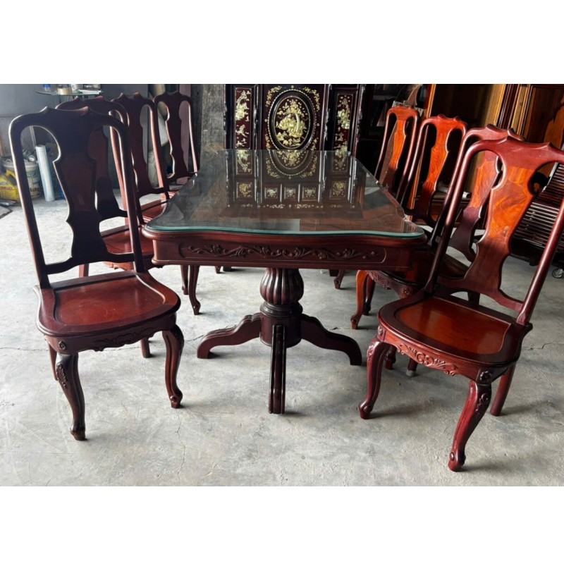 Bàn Ghế Ăn Cũ Thanh Lý – Thân Căm Xe Mặt Gõ Đỏ (Bền Đẹp Như Mới)